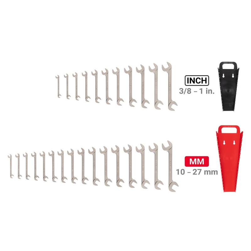 Set de llaves de cuadro abierto con cabezal en ángulo de 3/8 a 1 pulgada, 10 a 27 mm con soporte (27 piezas) - WAE93202
