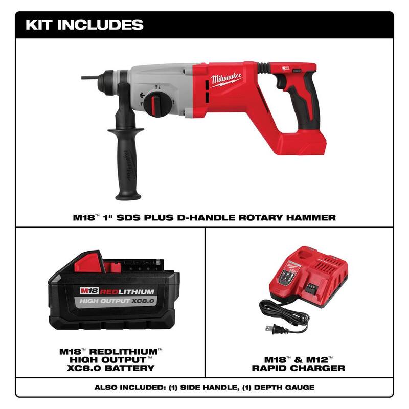 Martillo rotativo Milwaukee M18 18V de iones de litio sin escobillas inalámbrico de 1 pulgada SDS-Plus con mango en D, batería de 8.0Ah y cargador - 2613-20-48-59-1880.