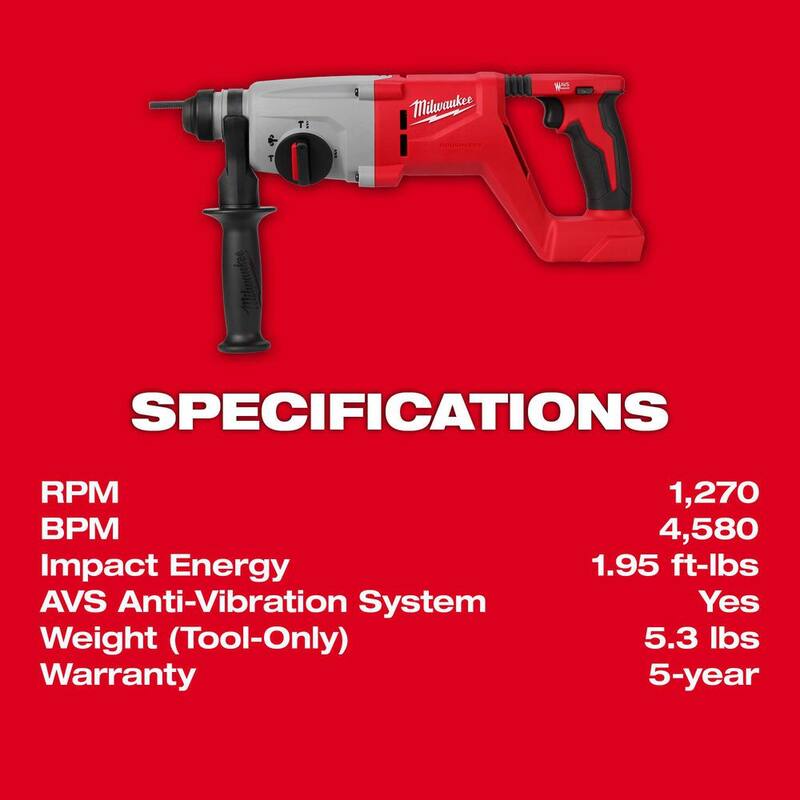 Martillo rotativo Milwaukee M18 18V de iones de litio sin escobillas inalámbrico de 1 pulgada SDS-Plus con mango en D, batería de 8.0Ah y cargador - 2613-20-48-59-1880.