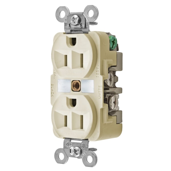 Hubbell Wiring Device-Kellems Straight Blade Devices, Receptacles, Duplex, Corrosion resistant, 2-Pole 3-Wire Grounding, 15A 125V, 5-15R, Ivory, Single Pack, Chem-Marine - HBL52CM62I