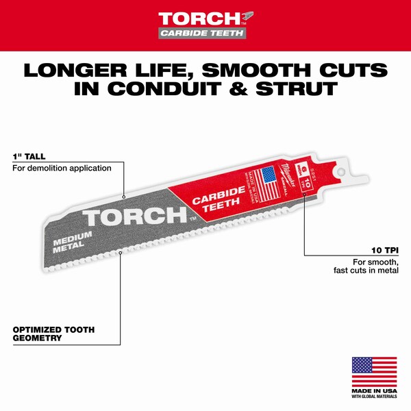 Milwaukee Tool 6 in. 10 TPI SAWZALL THE TORCH with Carbide Teeth for Medium Metal (5 pk) - 48-00-5551