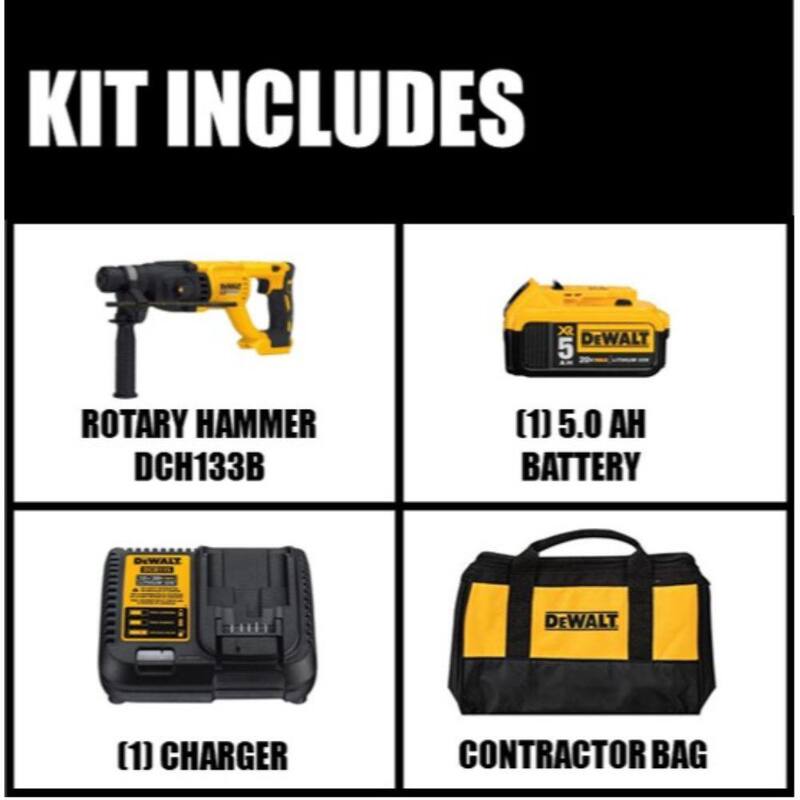 Martillo rotativo inalámbrico DEWALT 20V MAX sin escobillas de 1 pulgada SDS Plus con mango en D, (1) batería de litio de 20V 5.0Ah y cargador - DCB205CKW133B