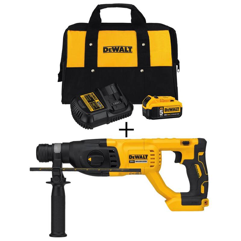 Martillo rotativo inalámbrico DEWALT 20V MAX sin escobillas de 1 pulgada SDS Plus con mango en D, (1) batería de litio de 20V 5.0Ah y cargador - DCB205CKW133B