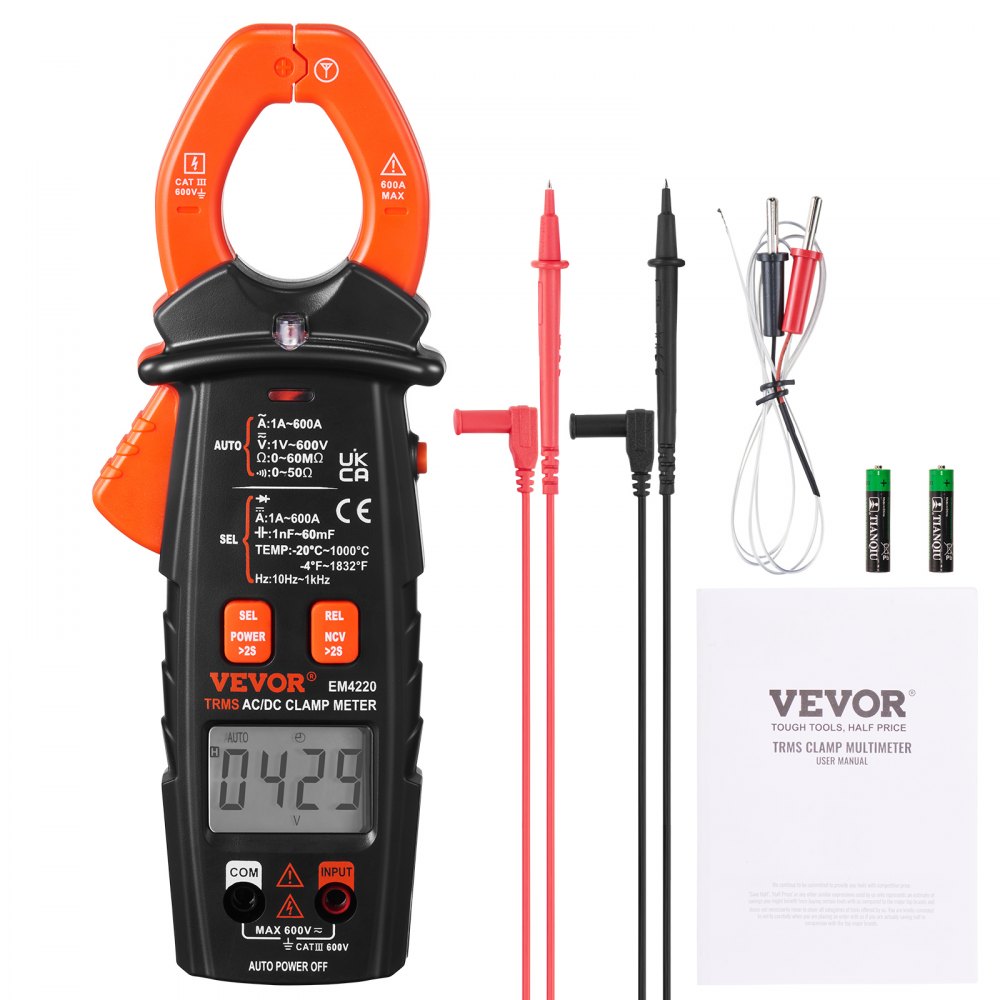 VEVOR Digital Clamp Meter T-RMS, 6000 Counts, 600A Clamp Multimeter Tester, Measures Current Voltage Resistance Diodes Continuity Data Retention, NCV for Home Appliance, Railway Industry Maintenance - QXBQZDKCWACDCAVNGV0