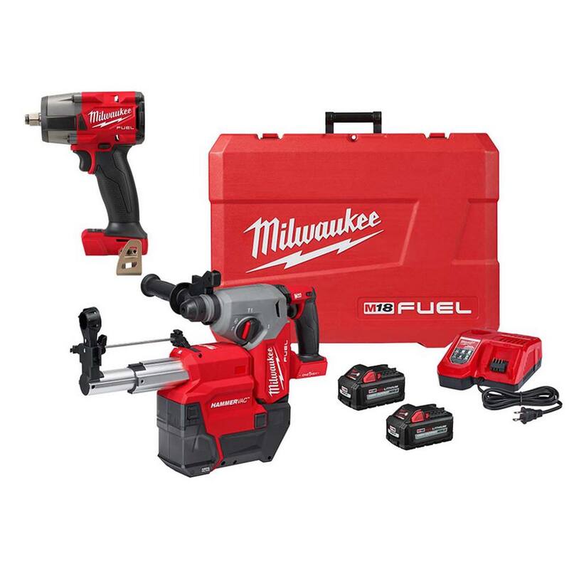 Martillo rotativo Milwaukee M18 FUEL ONE-KEY de 18V de iones de litio sin escobillas inalámbrico de 1 pulgada SDS-Plus con kit de extensión de polvo + llave de impacto de 1/2 pulgada - 2914-22DE-2962-20.