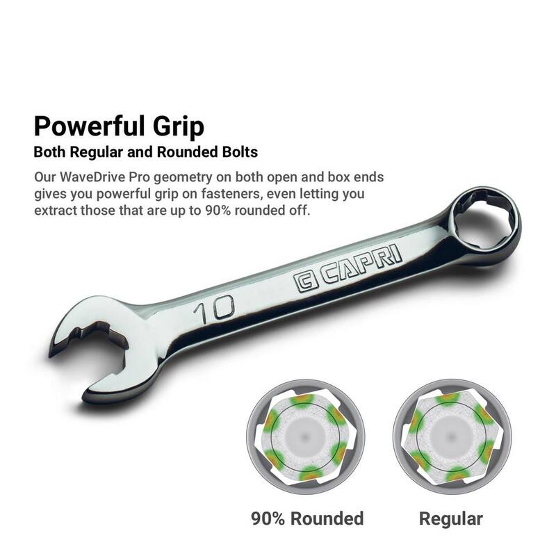 Set de llaves combinadas cortas Capri Tools WaveDrive Pro SAE para pernos regulares y redondeados (8 piezas) - CP11750-8SSBPK
