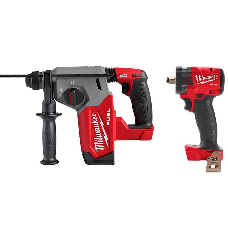 Martillo rotativo Milwaukee M18 FUEL 18V de iones de litio sin escobillas inalámbrico de 1 pulgada SDS-Plus con Llave de impacto compacta de 1/2 pulgadas (2 herramientas) - 2912-20-2855-20
