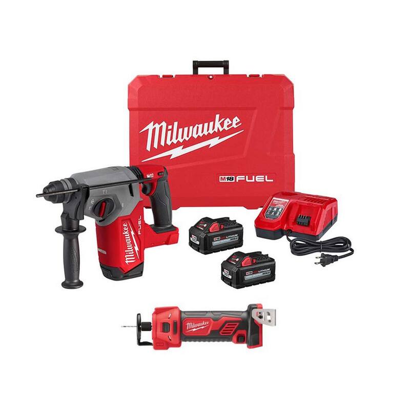Martillo rotativo inalámbrico Milwaukee M18 FUEL de 18V con batería de iones de litio y cepillo inalámbrico de 1 pulgada SDS-Plus Kit con herramienta rotativa de corte - 2912-22-2627-20.