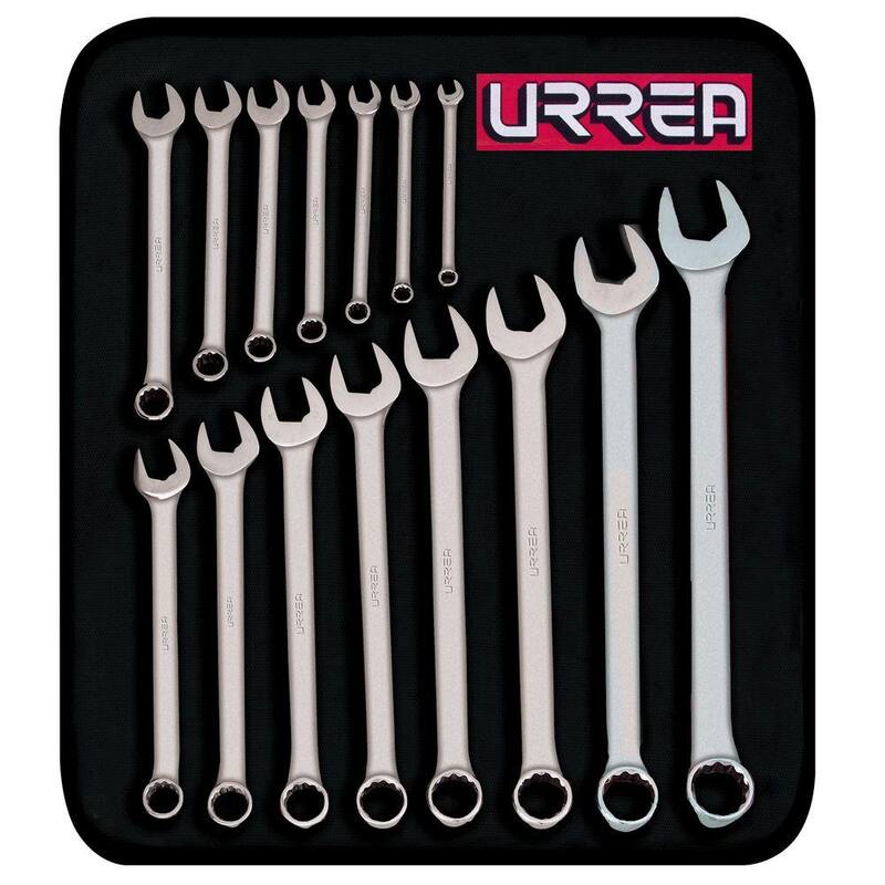 Set de llaves combinadas de cromo satinado de 12 puntos URREA (15 piezas) - 1200FA