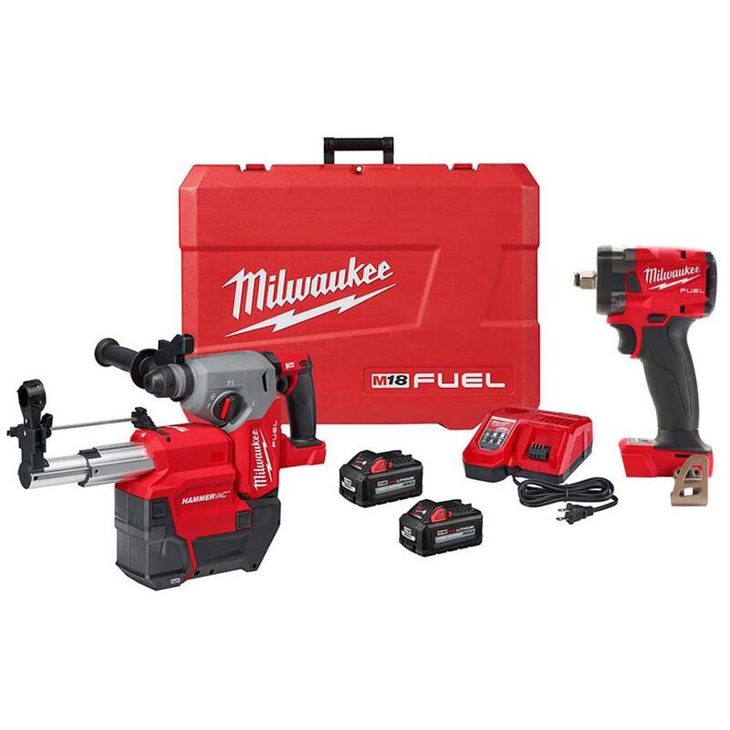 Martillo rotativo inalámbrico Milwaukee M18 FUEL 18V Lith-Ion Brushless SDS-Plus de 1 pulgada con 2 baterías y llave de impacto Milwaukee M18 FUEL de 1/2 pulgada - 2912-22DE-2855-20