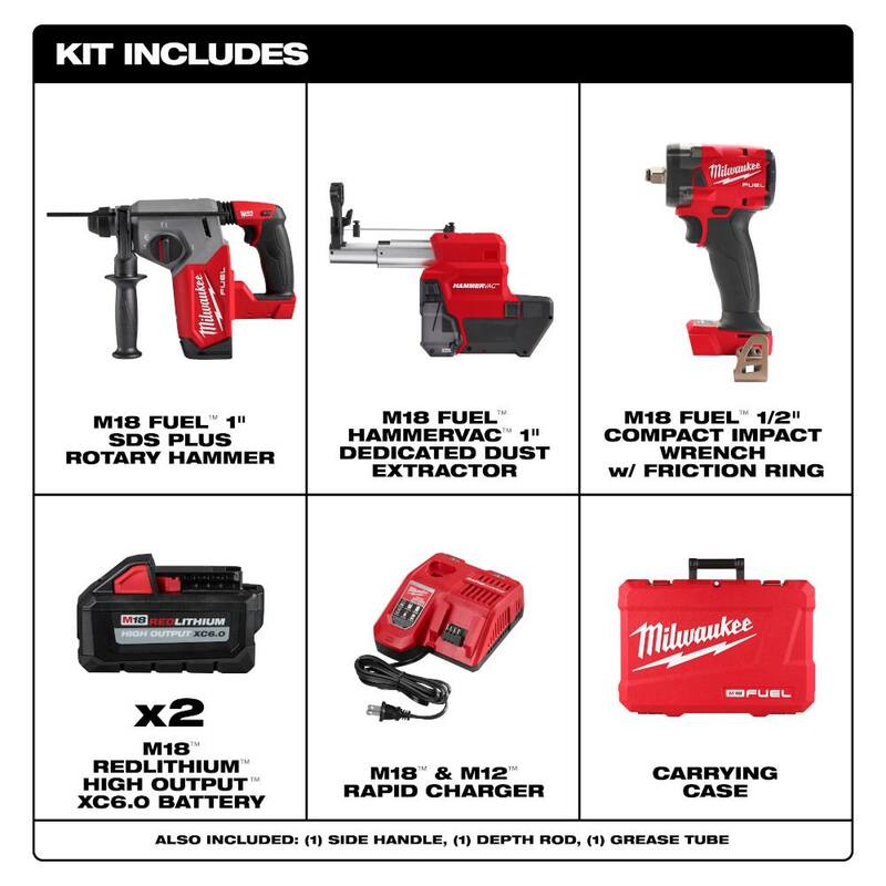Martillo rotativo inalámbrico Milwaukee M18 FUEL 18V Lith-Ion Brushless SDS-Plus de 1 pulgada con 2 baterías y llave de impacto Milwaukee M18 FUEL de 1/2 pulgada - 2912-22DE-2855-20