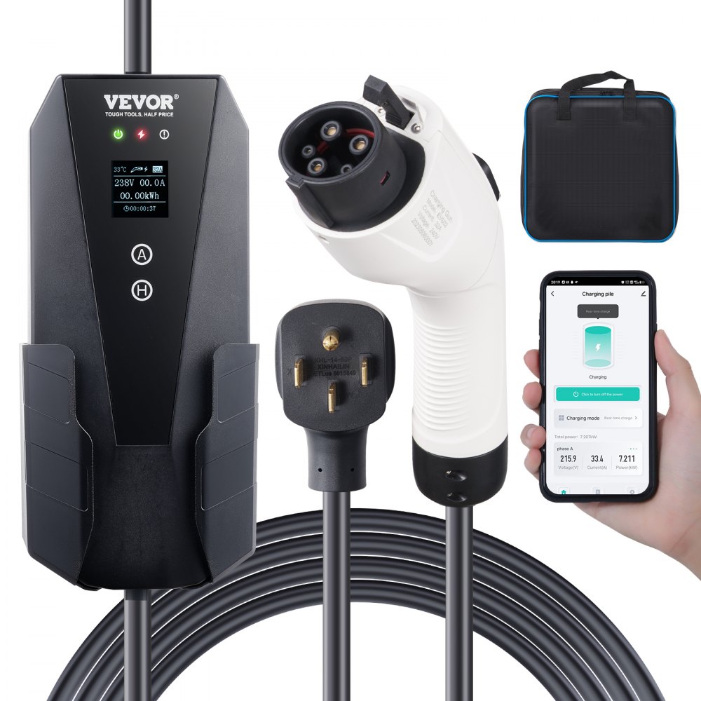 VEVOR Level 2 Portable EV Charger, 32 Amp 240V, Electric Vehicle Charger with 28 ft Charging Cable NEMA 14-50P Plug, 16/20/24/32A Adjustable Current Plug-in Home EV Charging Station for SAE J1772 EVs - MGBXCDQJP232AY3SPV4