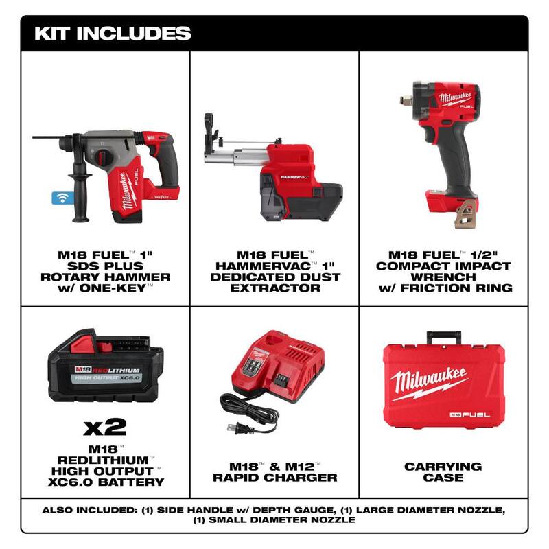 Martillo rotativo inalámbrico Milwaukee M18 FUEL ONE-KEY de 18V con tecnología de iones de litio sin escobillas de 1 pulgada SDS-Plus con llave de impacto M18 FUEL - 2914-22DE-2855-20.
