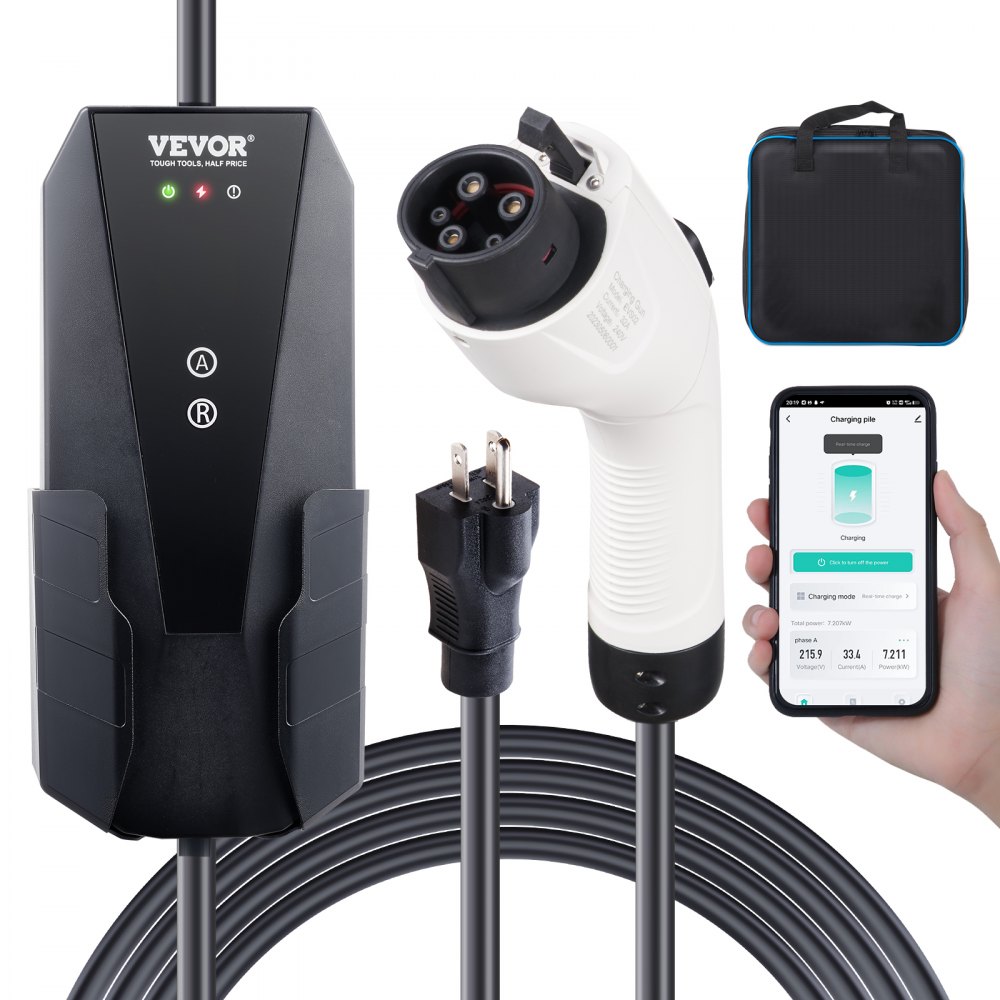 VEVOR Level 1+2 Portable EV Charger, 16 Amp 120V or 240V, Electric Vehicle Charger with 28-Foot Charging Cable NEMA 6-20P Plug NEMA 5-15 Adapter, Plug-in Home EV Charging Station for SAE J1772 EVs - MGBXCDQJ1216AD1S9V5
