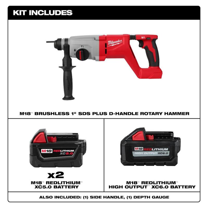 Rotomartillo SDS-Plus Milwaukee M18 18V de Iones de Litio sin escobillas de 1 pulgada inalámbrico con batería de alto rendimiento de 6.0Ah y 2 baterías de 5.0Ah - 2613-20-48-11-1856