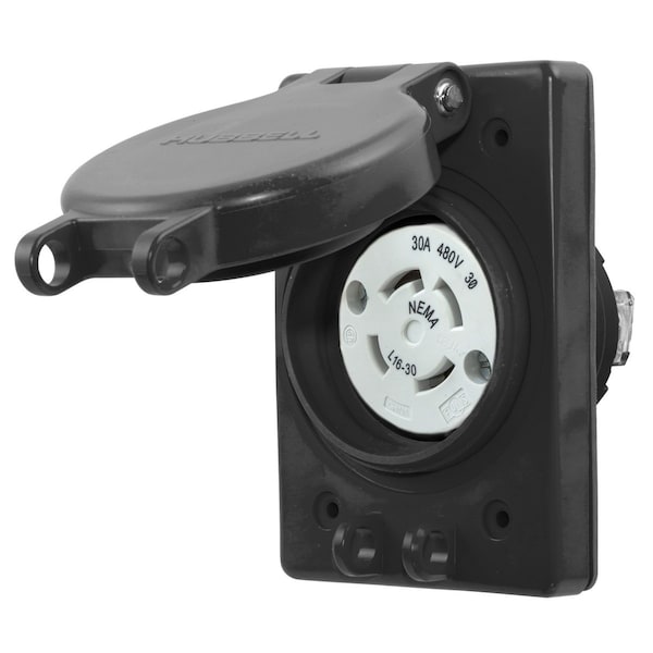 Hubbell Wiring Device-Kellems Watertight Devices, Twist-Lock Receptacle with Lift Cover, 30A, 3 Phase 480V AC, 3 Pole, 4 Wire, Thermoplastic elastomer, NEMA L16-30R, Black - HBL69W76BK