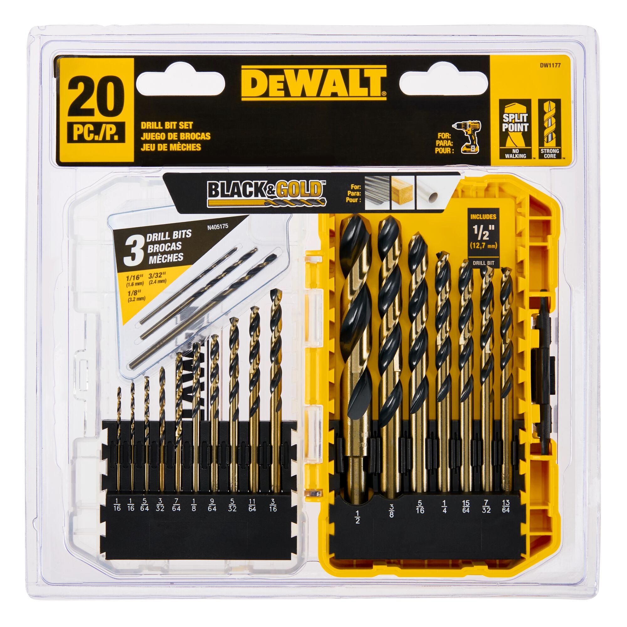 DEWALT Juego de brocas helicoidales recubiertas de negro y dorado de 20 piezas de longitud estándar HSS - DW1177