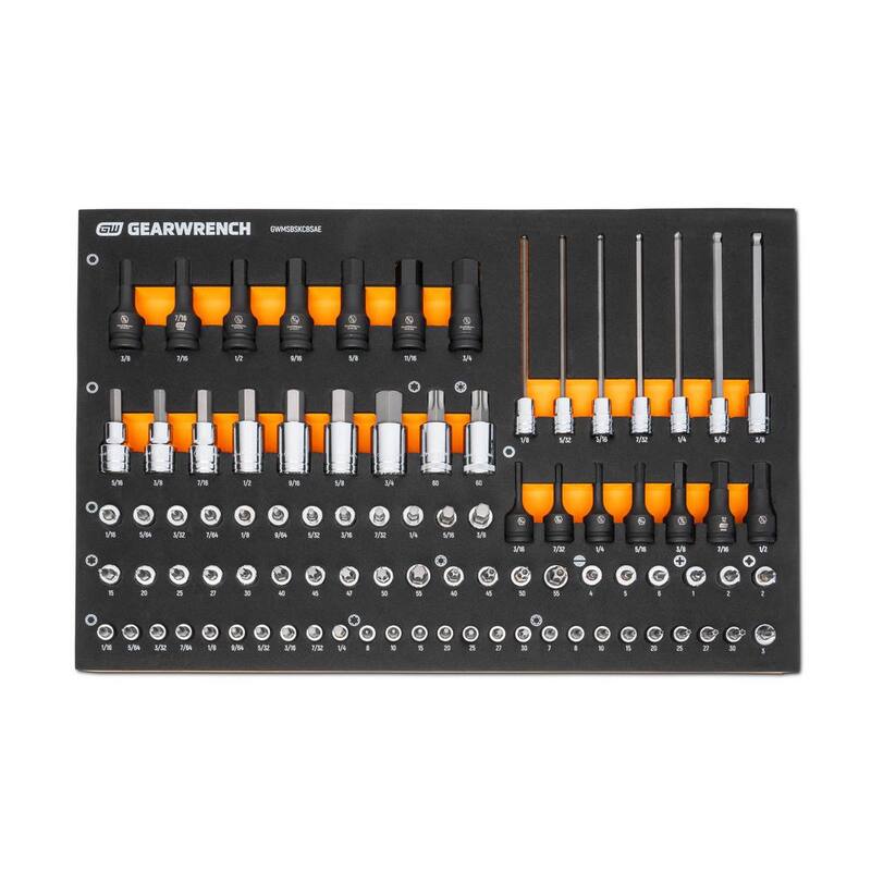 Juego de dados de broca SAE GEARWRENCH de 1/4 pulg., 3/8 pulg. y 1/2 pulg. con bandeja de almacenamiento de espuma EVA (88 piezas) - GWMSBSKCBSAE