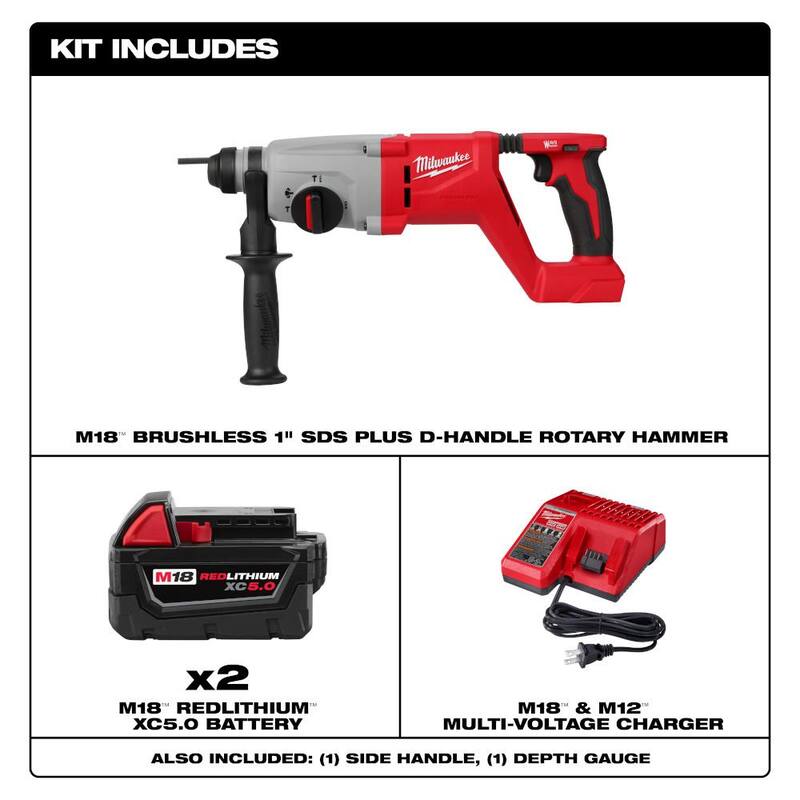 Martillo rotativo Milwaukee M18 18V de 1 pulgada SDS-Plus inalámbrico con motor sin escobillas de iones de litio, mango en D, dos baterías de 5.0Ah y cargador - 2613-20-48-59-1852B