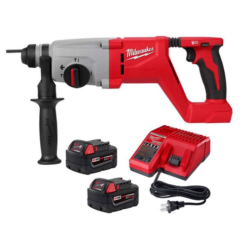Martillo rotativo Milwaukee M18 18V de 1 pulgada SDS-Plus inalámbrico con motor sin escobillas de iones de litio, mango en D, dos baterías de 5.0Ah y cargador - 2613-20-48-59-1852B