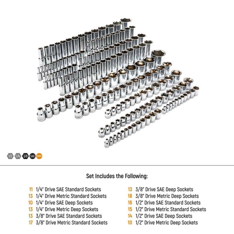 Set de dados maestros GEARWRENCH de 1/4 pulgadas, 3/8 pulgadas y 1/2 pulgadas de 6 puntos SAE/Métrico (163 piezas) - 89073