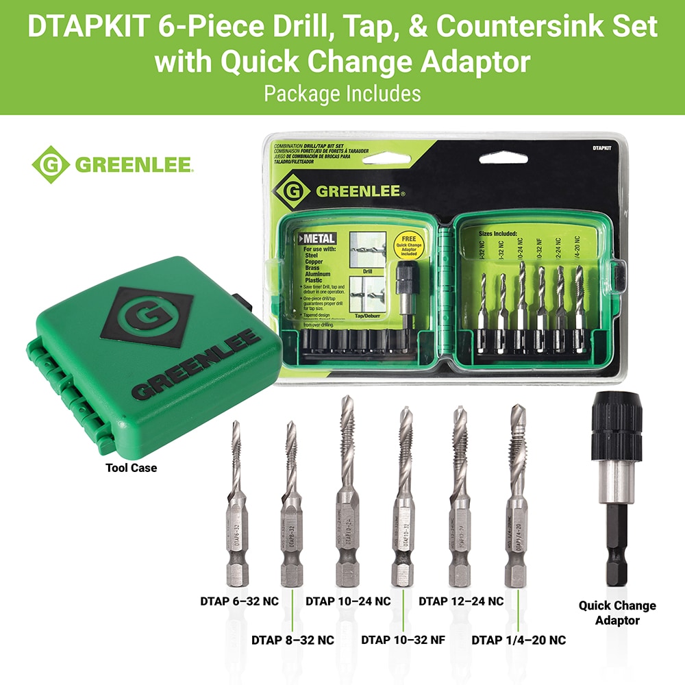 Juego de brocas y machuelos Greenlee Greenlee de 5 piezas de 2-1/4 pulgadas de largo de brocas helicoidales de acero rápido - DTAPKIT