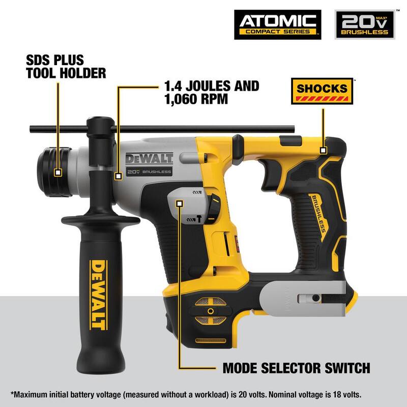 DEWALT ATOMIC 20V MAX Taladro martillo SDS Plus ultra compacto inalámbrico sin escobillas de 5/8 pulgadas (Herramienta solamente) - DCH172B