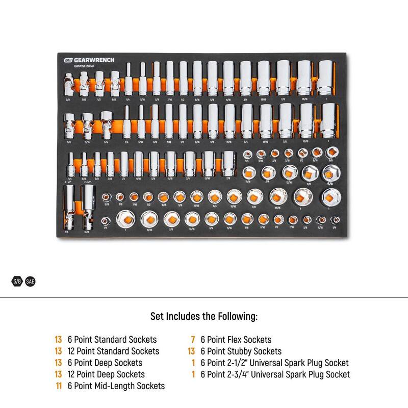 Juego de llaves de bujía universales estándar y profundas con Drive SAE de 3/8 pulgadas GEARWRENCH con juego de llaves de bujía universal y llave de chispa cromada con bandeja de espuma EVA (85 piezas) - GWMSSKT38SAE