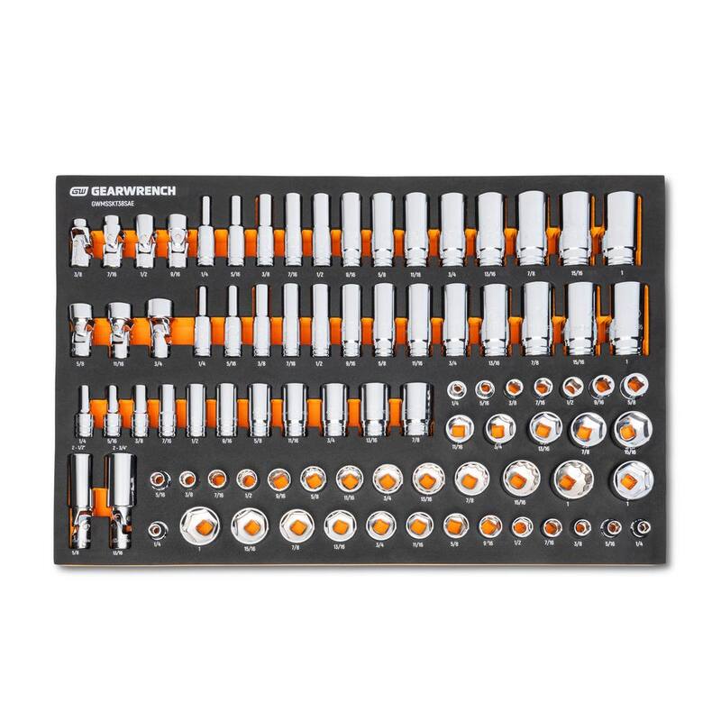 Juego de llaves de bujía universales estándar y profundas con Drive SAE de 3/8 pulgadas GEARWRENCH con juego de llaves de bujía universal y llave de chispa cromada con bandeja de espuma EVA (85 piezas) - GWMSSKT38SAE