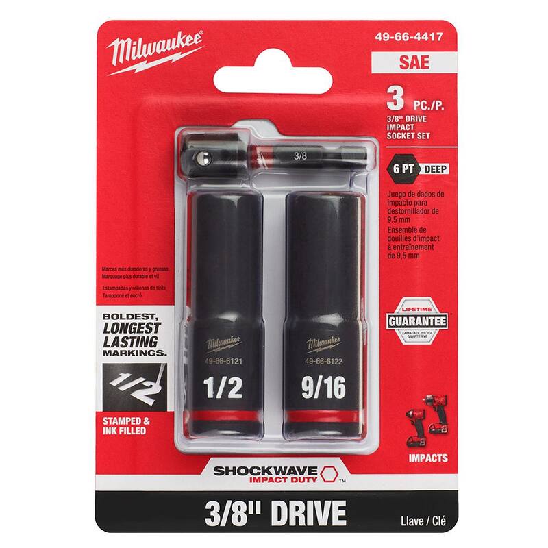 Juego de 3 llaves de vaso profundo de impacto Milwaukee SHOCKWAVE de 3/8 pulgadas (paquete de 3) - 49-66-4417