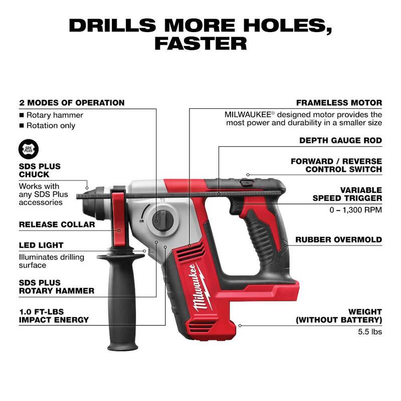 Martillo rotativo inalámbrico Milwaukee M18 18V de 5/8 pulgadas con batería de iones de litio (solo herramienta) - 2612-20