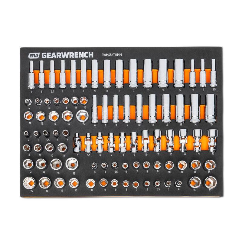 Juego de dados GEARWRENCH de ¼ de pulgada, métricos estándar y profundos, de longitud media y perfil bajo, de cromo flexible, en bandeja de almacenamiento de espuma (89 piezas) - GWMSSKT14MM