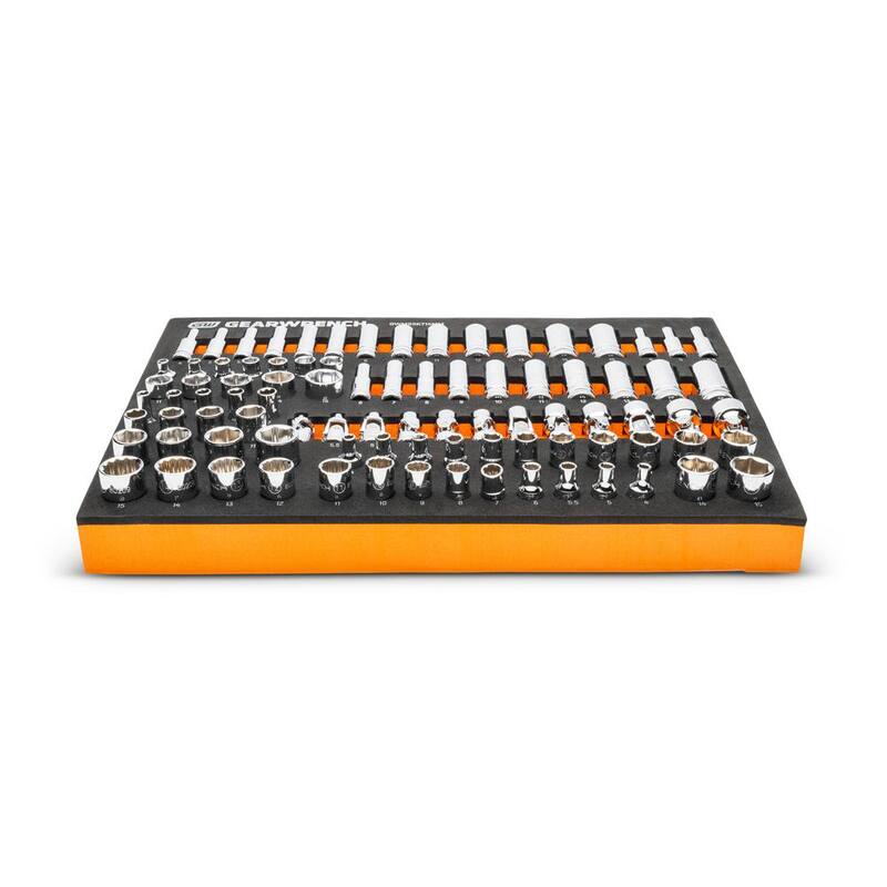 Juego de dados GEARWRENCH de ¼ de pulgada, métricos estándar y profundos, de longitud media y perfil bajo, de cromo flexible, en bandeja de almacenamiento de espuma (89 piezas) - GWMSSKT14MM