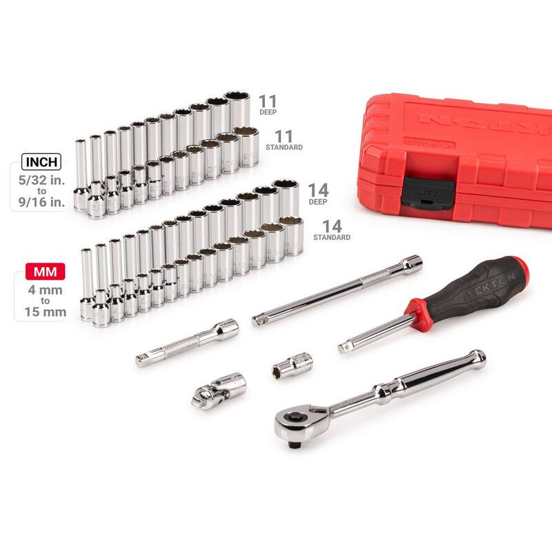 Juego de llave de vaso y trinquete de 12 puntos TEKTON de 1/4 de pulgada, 56 piezas (5/32 - 9/16 pulgadas. 4 - 15 mm) - SKT05304