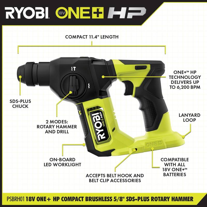 RYOBI ONE+ HP 18V Martillo rotativo SDS compacto inalámbrico sin escobillas de 5/8 pulgadas (solo herramienta) - PSBRH01B