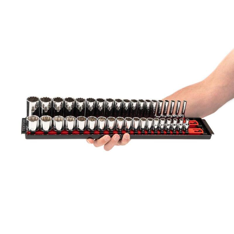 Juego de dados TEKTON de 3/8 pulgadas con rieles, 12 puntas (de 1/4 a 1 pulgada, de 6 mm a 24 mm) (68 piezas) - SHD91221