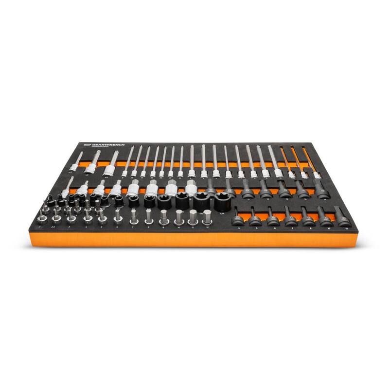 Juego de enchufes de puntas métricas de 1/4, 3/8 y 1/2 pulgadas de GEARWRENCH con bandeja de almacenamiento de espuma EVA (74 piezas) - GWMSBSKCBMM