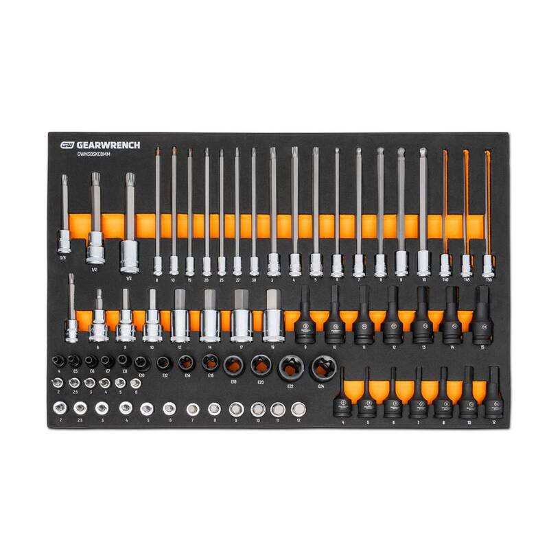 Juego de enchufes de puntas métricas de 1/4, 3/8 y 1/2 pulgadas de GEARWRENCH con bandeja de almacenamiento de espuma EVA (74 piezas) - GWMSBSKCBMM
