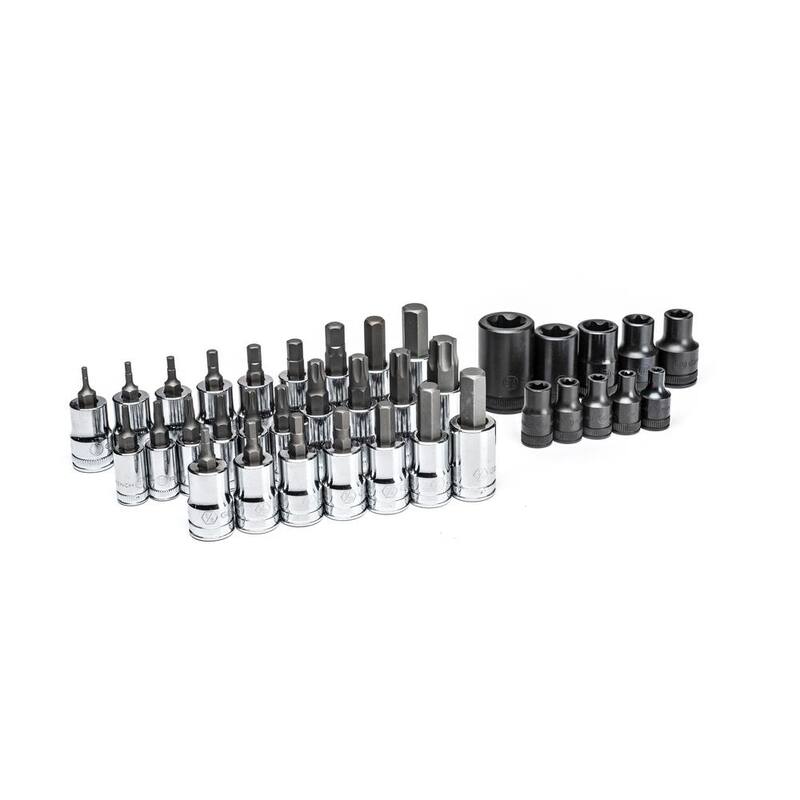 Juego de llaves de vaso para bits hexagonales, E-Torx y Torx en unidades SAE/Métricas de 1/4, 3/8 y 1/2 de pulgada (36 piezas) - 80726