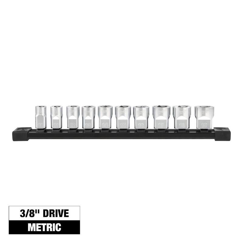 Juego de dados métricos de perfil bajo de 3/8 de pulgada Milwaukee con cuatro lados planos (10 piezas) - 48-22-9503