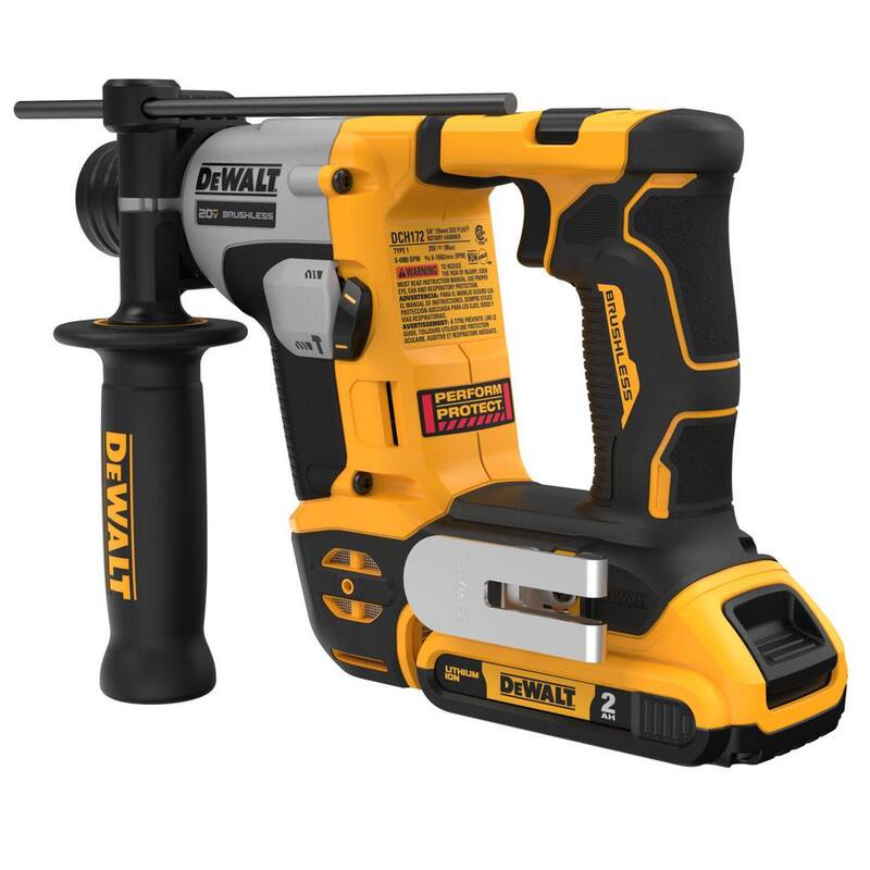 Martillo rotativo DEWALT 20V Max de 5/8 pulgadas con tecnología inalámbrica de iones de litio sin escobillas SDS PLUS y kit con dos baterías de 2.0 Ah y cargador - DCH172D2