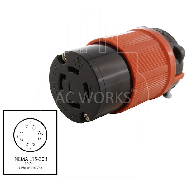 Ac Works Locking Connector, L15-30R, 30 A, 250V AC, Single Phase, 2 Pole - ASL1530R