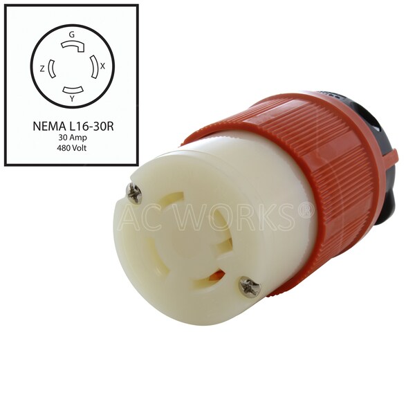 Ac Works Locking Connector, L16-30R, 30 A, 480V AC, Single Phase - ASL1630R