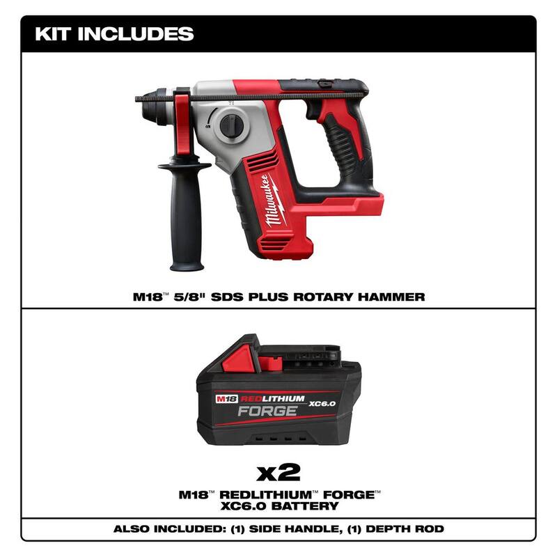 Martillo rotativo Milwaukee M18 18V de 5/8 pulgadas con batería de iones de litio inalámbrica SDS-Plus con (2) baterías FORGE de 6 Ah - 2612-20-48-11-1861P.