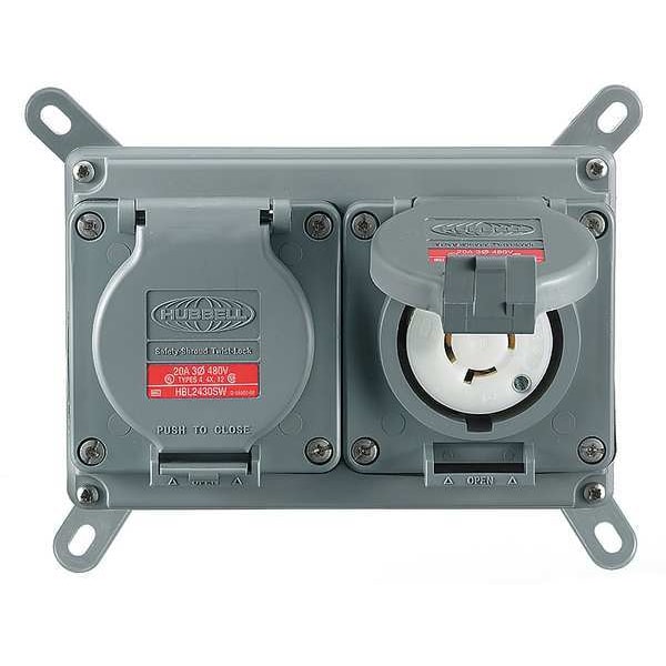 Tomacorriente dúplex a prueba de agua Hubbell Wiring Device-Kellems, L5-30R, 30 A, 125V AC, Monofásico, 2 Polos, Montaje al ras - MCWF2050