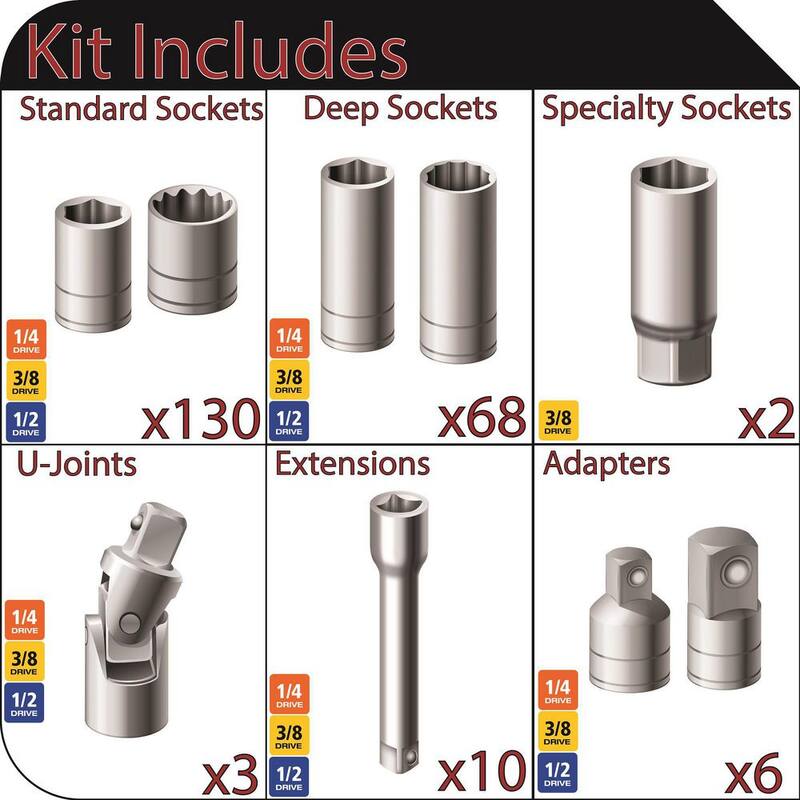 Set de enchufes y accesorios Husky de 1/4 pulg. x 3/8 pulg. y 1/2 pulg. (219 piezas) - H219MSSACCY