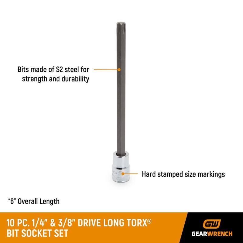 Juego de puntas Torx largas para trinquete de 1/4 y 3/8 pulgadas con riel de puntas (10 piezas) - 80588