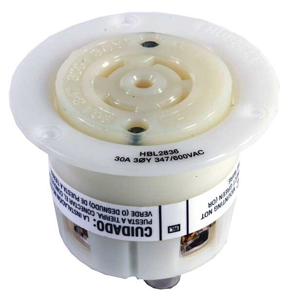 Receptáculo de bloqueo con brida, L23-30R, 30 A, 347/600V CA, trifásico, 4 polos, montaje al ras - HBL2836