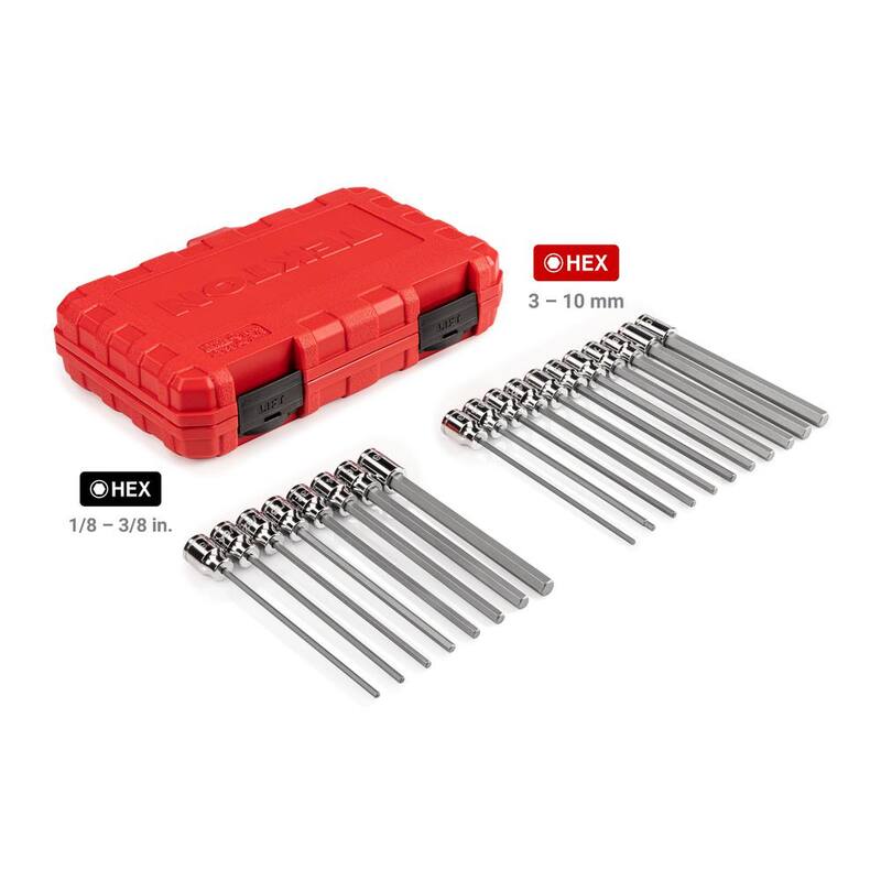 Juego de llaves de vaso de punta hexagonal larga TEKTON de 3/8 pulgadas, (1/8 a 3/8 pulgadas, 3 mm a 10 mm) (19 piezas) - SHB91315.