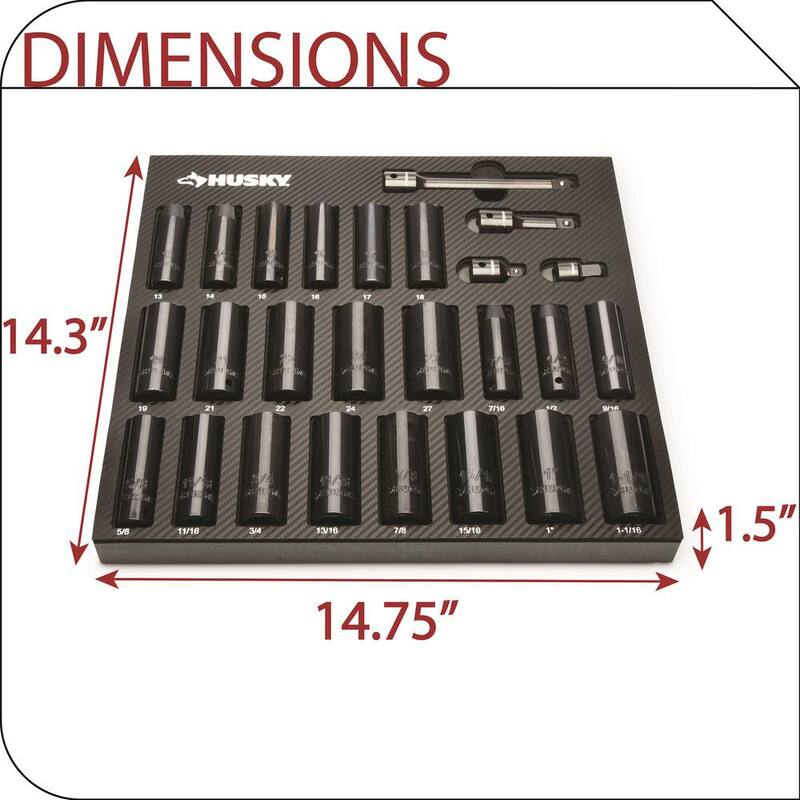 Juego de Llaves de Vaso Husky de 1/4 in., 3/8 in. y 1/2 in. Drive de Cromo e Impacto con Bandejas de Almacenamiento de EVA (250 Piezas) - H250CISSEVACB